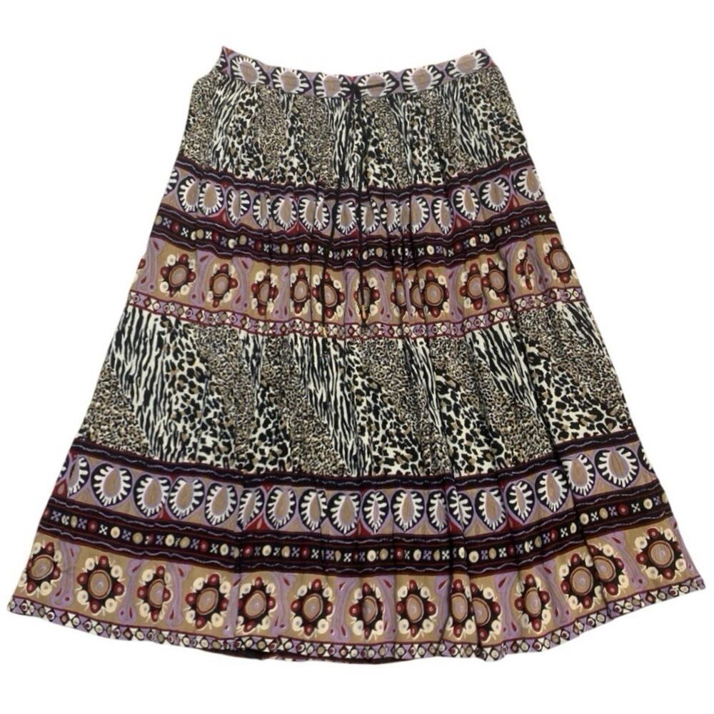 Women’s Boho Maxi Skirt Rayon Crinkle Tassel Waist M Animal Print Festival